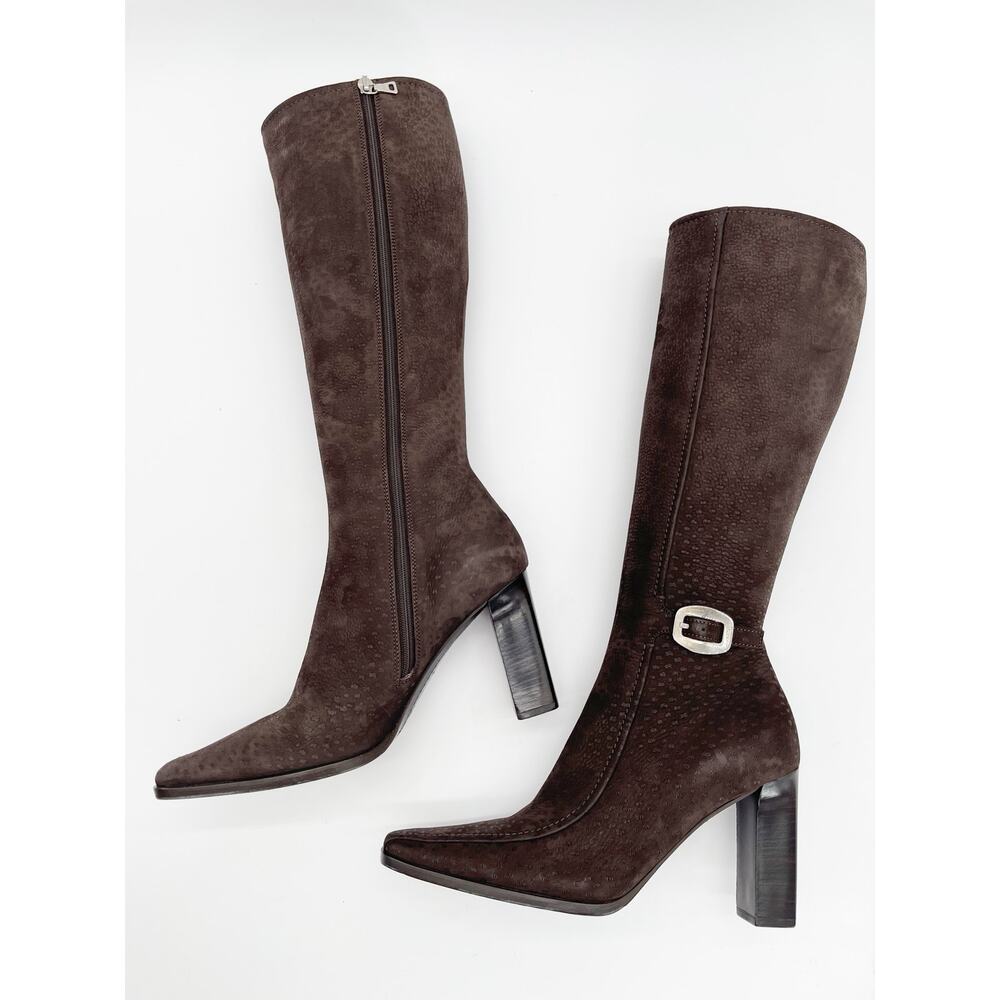 Prada Vintage Brown Embossed Nubuck Square Toe Heeled Knee High Boots IT 36.5 - Picture 4 of 14